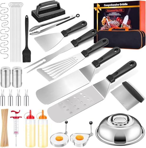 KOMTWNM Kit d'accessoires de Barbecue en Acier Inoxydable, Spatule Plancha Accessoires Set, Comprend 21 Accessoires, Le pour Les Hommes Passionnés de Jardinage