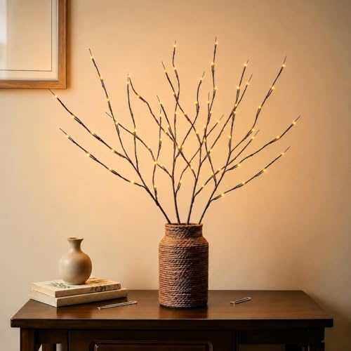 Brown Twig Lights, 4-Branch (72 cm) with 80 LED Beads, 3000K with UK Plug