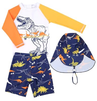 Traje de baño de 3 piezas Rashguard de manga larga con gorro de protección para niños pequeños, naranja, 5 años