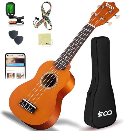 iECO Soprano Ukulele Beginner Kit - 21 Inch Ukulele for Kids Adults with Gig Bag, Picks, Tuner, Strap, Extra Strings (Honey)