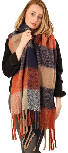 Style Slice Oversized Tartan Blanket Scarf, Navy Blue Orange