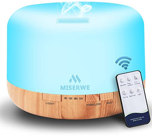 Miserwe 500ML Essential Oil Diffuser Adjustable Mist Mode and Waterless Auto Shut-Off with Wireless Remote, 7 LED Light Colors for Office Home Bedroom Living Room
