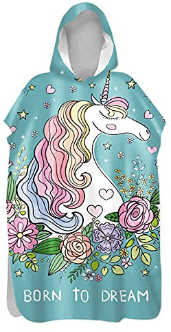 Morbuy Kinder Badeponcho mit Kapuze, Einhorn-Druck Bademantel Mikrofaser Weich Badetuch Schnelltrocknend Surf Poncho für Mädchen Jungen Erwachsene Schwimmen Strand (75x110cm,Liebe Einhorn)