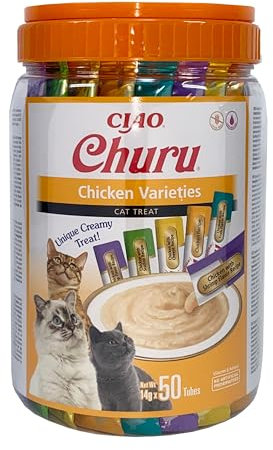 INABA Churu der beste Katzen Leckerlies für Tierarzt, Training, Bindung, Katzenleckerlis Creamy Snack, Variety Box mit Huhn, Getreidefrei, Zuckerfrei, Kalorienarm, 100% natürliches Fleisch 50 x 14 g