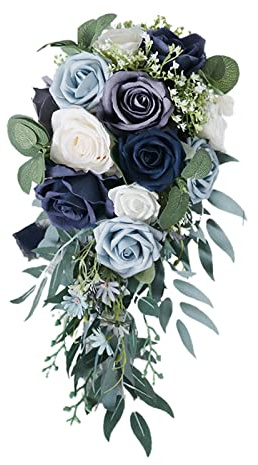 predolo Eleganter Hochzeits-Brautstrauß Rosen-Wasserfall-künstlicher Halte-strauß für Kirche-Zeremonie-Feiern-Dekor-, Blau