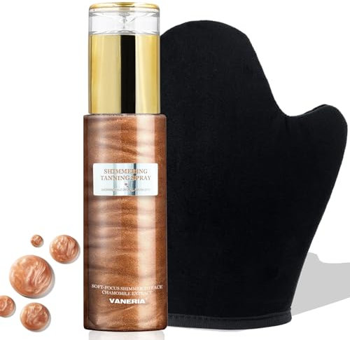 VANERIA Bräunungsspray mit Mica,Selbstbräuner Spray mit Handschuh,Self Tanner,Selbstbräuner Ohne Flecken Verwendet In Beine Gesicht Körper 80ml /2.7 Fl.Oz（Champagner）
