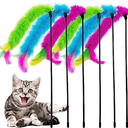 CATENEED Cat Wand Feather Toys, 6 Pieces Interactive Cat Feathers Teaser Toy for Indoor Cats Play