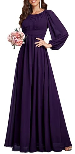 Ever-Pretty Robe pour Mariage Invité Femme Longue Manches Longues Col Rond Mousseline Chic Voilet Foncé 58