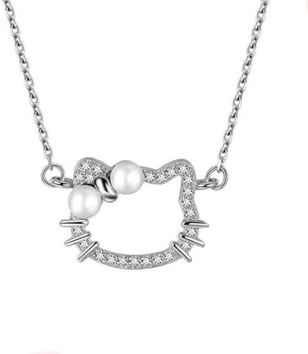 Diamant katt halsband, diamant tecknad katt halsband, söt kubisk zirkonia båge kattunge hänge halsband, pärla rolig tecknad djur katt halsband, för kvinnor tonårsflickor, Rostfritt stål