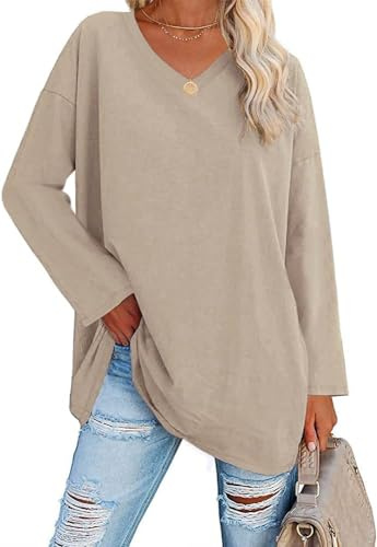 Ebifin Camiseta de manga larga de gran tamaño para mujer, cuello en V, camiseta de manga larga, jersey básico, túnica
