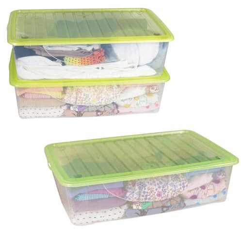 PALUPLUS 3 Contenitori Portabiancheria, misura 60x40x17 cm e capacità 27 Lt, Box Trasparente con Coperchio, Organizer salvaspazio per Scarpe, Vestiti, Giocattoli -1149 (Verde)