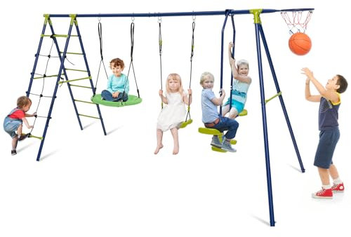 COSTWAY 6 in 1 Kids Swing Set, Heavy Duty Metal Swing Frame with 2 Swings, Glider, Basketball Hoop, Climbing Ladder and Net, Children Playground Playset for Backyard Garden (Green)