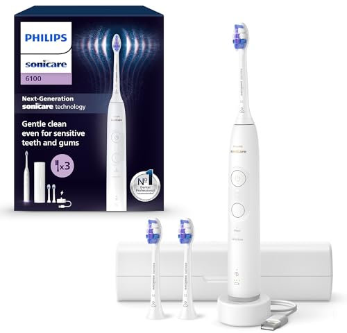 Philips Sonicare 6100, spazzolino sonico con 2 modalità di spazzolamento e 3 livelli di intensità, avviso di pressione, EasyStart, SmarTimer, custodia da viaggio, bianco, HX7400/02 [Nuova tecnologia]
