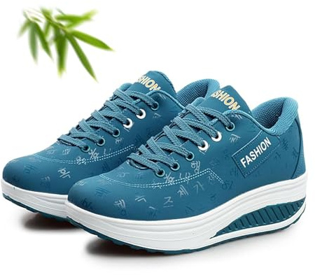 Chaussures orthopédiques à plateforme compensée respirantes pour femmes, style décontracté et tendance, avec fond rocker en cuir pour femmes, mocassins à plateforme compensée à enfiler, bleu, 43 EU