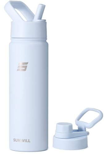 SUNWILL Metal Water Bottle with Straw Stainless Steel, 650ml Insulated Leakproof Thermal Flask with 2 Lids for Cold and Hot Drink, Running, Sports, Gym, Travel, Iceberg