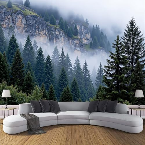 Carta Da Parati Panoramica in Seta Nuvole E Foreste Sempreverdi 400x280cm, Tranquillo Scenario Naturale Carta Da Parati Fotomurale per Soggiorno Camera Ristorante Decorazione Da Parete, Verde