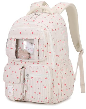 Sisipoet Cartable Fille Primaire, Sac à Dos Corduroy Léger pour Collège | Sac à Dos avec Fenêtre Transparente, Bretelles Respirantes, Sangle à Bagages pour Filles de 9 à 16 ans pour les Voyages