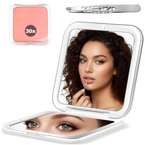 Alyxen Specchio Ingrandimento 30X, Glasso da Viaggio Pieghevole, Doppia Faccia con Ingrandimento 1X e 30X, Riflesso Perfetto per Trucco, Modello Compatto Tascabile, Accessorio Bellezza Portatile