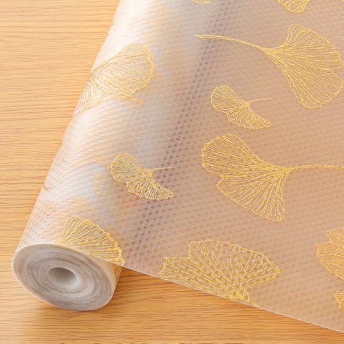 Cooyes Shelf Liner, Non Adhesive Drawer and Cabinet Liner, EVA Washable Oil-Proof Shelf Paper for Kitchen Cabinets, Refrigerator, Storage, Desks with Modern Pattern （Gold Ginkgo，17.5 W x 78.7 L）