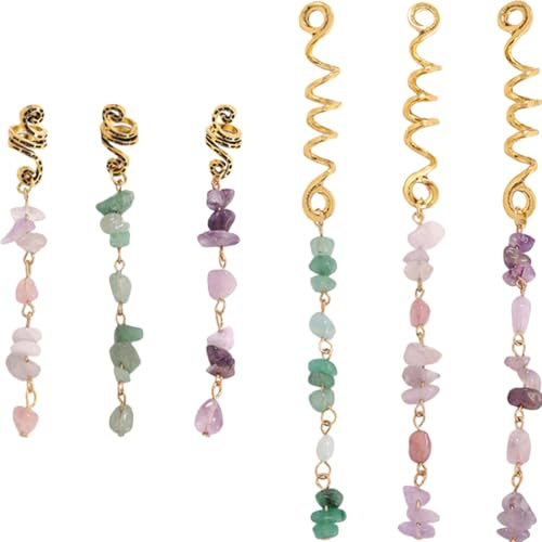 TOYZFRIENDY 6pcs Natural Stone Dreadlock Jewelry Hair Rings with Metal Pendants, Bohemian Style Braid Hair Accessories Set for Women
