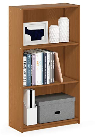 Furinno BASIC Book Shelf, 3-Tier Modern Bookshelf, Bookcase with Open Shelves, 9.3 x 21.8 x 39.5, for Living Room, Bedroom, Home Office, Light Cherry