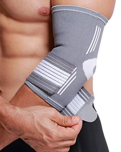 NEOtech Care - Tutore per gomito a fascia - Tessuto elastico e traspirante - compressione regolabile con fascia - uomo, donna, ragazzo - braccio destro o sinistro (Grigio, L, 1 Pezzo)