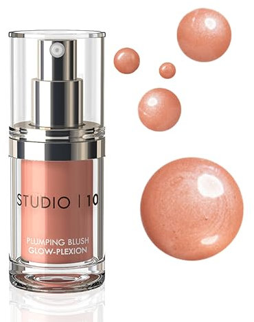 Studio10 Plumping Blush Glow Plexion Liquid Cream Blush in Rosy Peach Tint Hydrating Skincare Infused Formula to Brighten Lift and Smooth Mature Skin with Radiant Dewy Finish and Comfort Wear