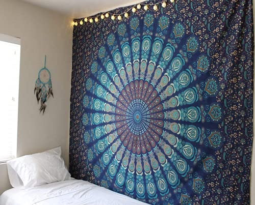 J26 Wandteppich Indisch Art Wandbehang Indien Mandala Bohemian Hippie Psyschedelisch Tischdecke Tapestry Strandtuch Wandtuch Zimmer Tagesdecke Deko (Blau, 150 x 200 cm)