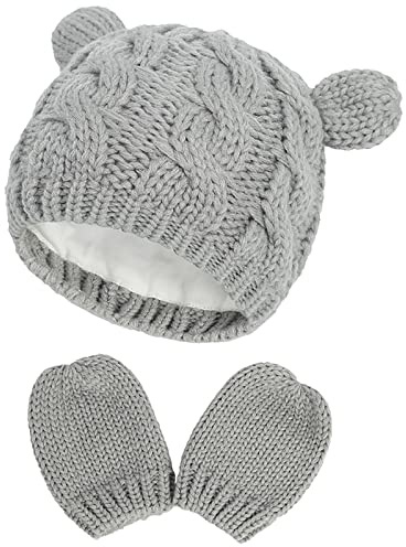 XYIYI Newborn Baby Grey Winter Beanie Hat Mitten Set Infant Toddler Warm Knitted Hat Glove Set for 0-3 Months Boys Girls