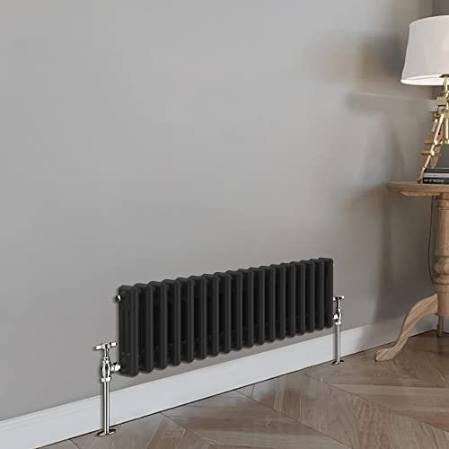 Blümme Traditional Cast Iron Style Triple Column Black Horizontal Radiator 300 x 830mm – Perfect for Bathrooms Kitchen Living Room