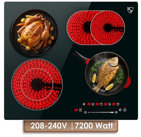 K&H 4 Burner Electric Cooktop - 24 Inch Built-In Radiant Ceramic Stove Top - 17 Power Levels & Touch Control, Compatible with All Cookware, 240V, 7200W High-Power Built-in Electric Stove, CE24-7206SL