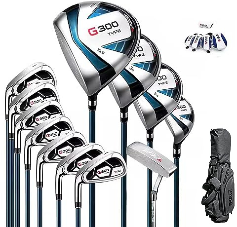 PGM Set completo di mazze da golf per mancini da uomo, 12 pezzi, 3 legno (#1,3,5), 1 ibrido (#4H), 6 ferri (#5, 6, 7, 8, 9, PW), 1 cuneo di sabbia (55°), 1 putter, sacca da golf con supporto da golf,
