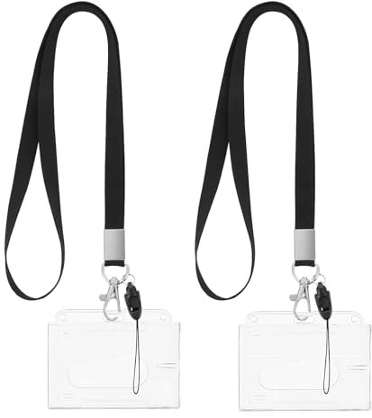 TIESOME ID Karte Badge Holders mit Lanyards, 2Pcs Hartplastik Name Tag Holders Credit Card Protector mit Thumb Slot Clear ID Card Holder mit abnehmbaren Hals Lanyard Transparent Card Case(horizontal)