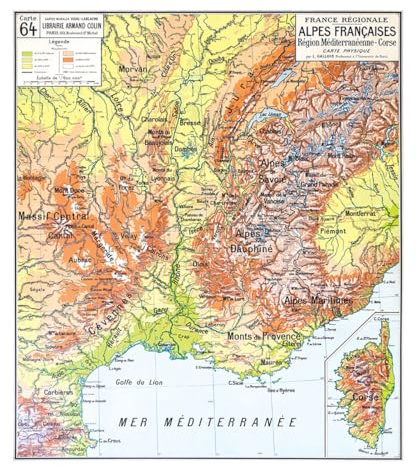 Carte Vidal Lablache N° 64 - ALPES FRANCAISES - PHYSIQUE - 100 x 120 cm (reproduction ancienne carte scolaire) - Bâche 340 g/m²