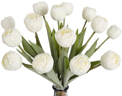 IPOPU 2 Tulipanes Artificiales de Seda Blanca Vintage (14 Cabezas, Tallos de 44 cm) para decoración del hogar, Bodas, Fiestas, Baby Showers