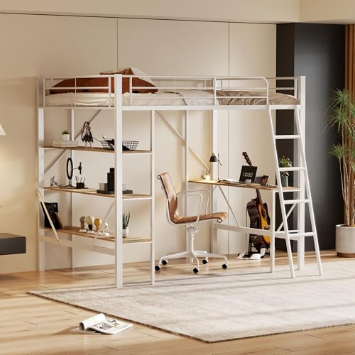 Moimhear Estructura de cama de metal, 90 x 200 cm, cama de hierro, cama alta con escritorio y tres estantes grandes para niños, adolescentes y adultos (blanco)