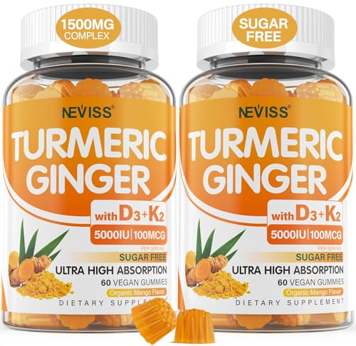 Turmeric and Ginger Gummies Supplement 1500mg w/Vitamin D3 5000 IU, K2 (MK7) & Black Pepper, Sugar Free Vegan Ginger and Turmeric Curcumin Supplements Gummy for Bone, Immune & Digestive Health, 120ct