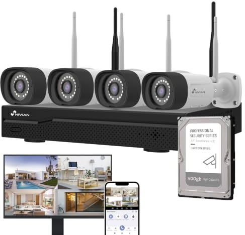 NIVIAN Kit de caméras de Surveillance Professionnelles WiFi SuperHD avec 4 caméras IP et enregistreur avec Disque Dur 500 Go 16 CH - pour Maisons et Affaires - Vision Nocturne, détection Humaine IA