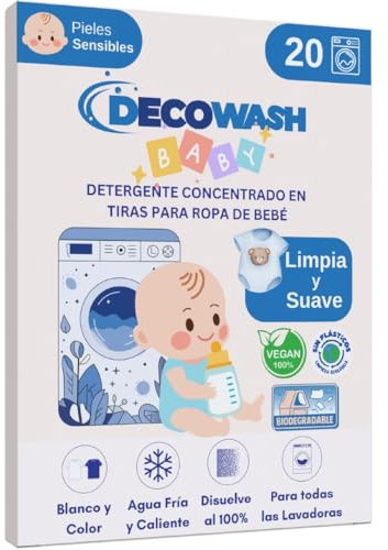 Detergente en Tiras para Ropa de Bebé (Máximo 40 Usos) – Sin Fragancia, Hipoalergénico y Ecológico | Limpieza Profunda y Suave para Pieles Sensibles | Biodegradable, Vegano y Sin Plásticos
