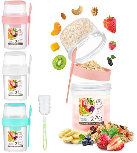 3 Pack Granola and Yoghurt Pot, Cereal Yogurt Cups Leak-Proof Breakfast Salad Cups with Lid and Spoon Oatmeal Cup Breakfast On the Go Cups for School Office Travel Reusable Overnight Oats Container