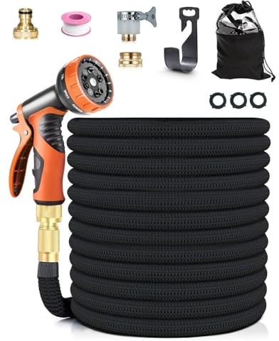 Tuyau d'Arrosage Extensible 50FT avec 10 Modes de Pulvérisation, Connecteurs en Laiton et Universels, Tuyau Rétractable pour Jardin, Nettoyage de Voiture, Arrosage et Lavage Extérieur