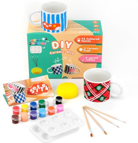 SelfTek DIY Keramik Bemalen Set - Tassen zum Bemalen Kreativ Set für Erwachsene mit 2 Tassen, 12 Farben, 4 Pinsel, 2 Palette, Malinspirationen, Tassen Bemalen Set für Freund Familie Lieber und Selbst