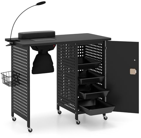 COSTWAY Tavolo Manicure con Aspiratore, Tavolo per Unghie con 6 Ruote Bloccabili, Sacchetti per Polvere, Armadio Chiudibile con 4 Vassoi, Poggiapolsi, Lampada LED e Cestino Metallico, 90x79x45cm