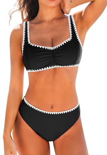 CUPSHE Conjunto de bikini para mujer, cuello corazón, tirantes anchos ajustables, traje de baño con costuras y tiro medio