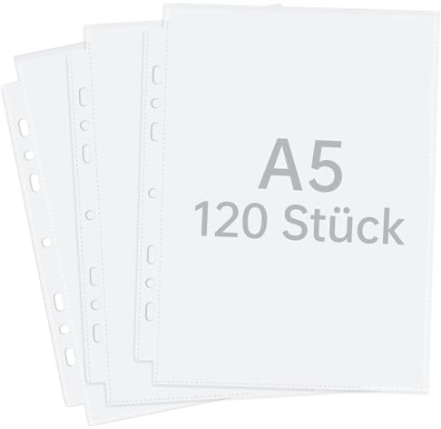 120 Unidades Fundas Plastico A5 Transparente, 50 Fundas Transparentes A5 para Carpetas de Anillas 2/3, Portafolios A5 Plastico Resistente para Proteger Fotos, Archivos y Documentos