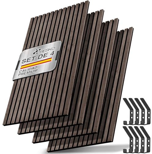 TRESKO® 4 Stück Akustikpaneele Holz 120×60x2,1 cm inkl. 8x Kleiderhaken | Wandverkleidung Innen als 3D Lamellenwand | Holzpaneele Paneele für Schallschutz | Akustik Wandpaneele mit Montageset