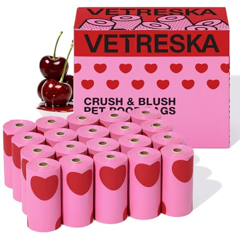 VETRESKA 300 sacchetti per escrementi di cani con profumo di ciliegia, a prova di perdite, extra spessi e grandi per cani e gatti