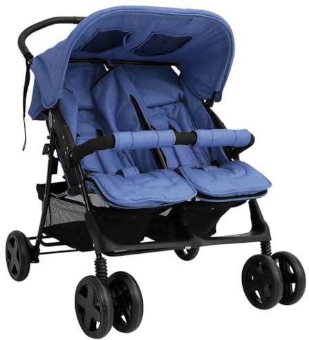 QUAHEAS Carrito gemelar azul marino de acero con función reclinable, plegable y compacto, adecuado para hermanos y gemelos, con toldo y suspensión para exteriores y viajes