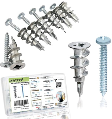 Ansoon Zinc Self-Drilling Drywall Anchors with Screws Kit, 25 Heavy Duty Metal Wall Anchors and 25#8 x 1-1/4'' Screws - 50 Pieces All Together