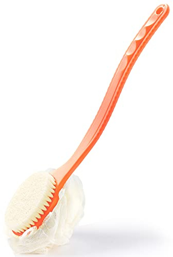 Shower Body Brush Bristles & Mesh Loofah Sponge,Curved Handle Back Scrubber